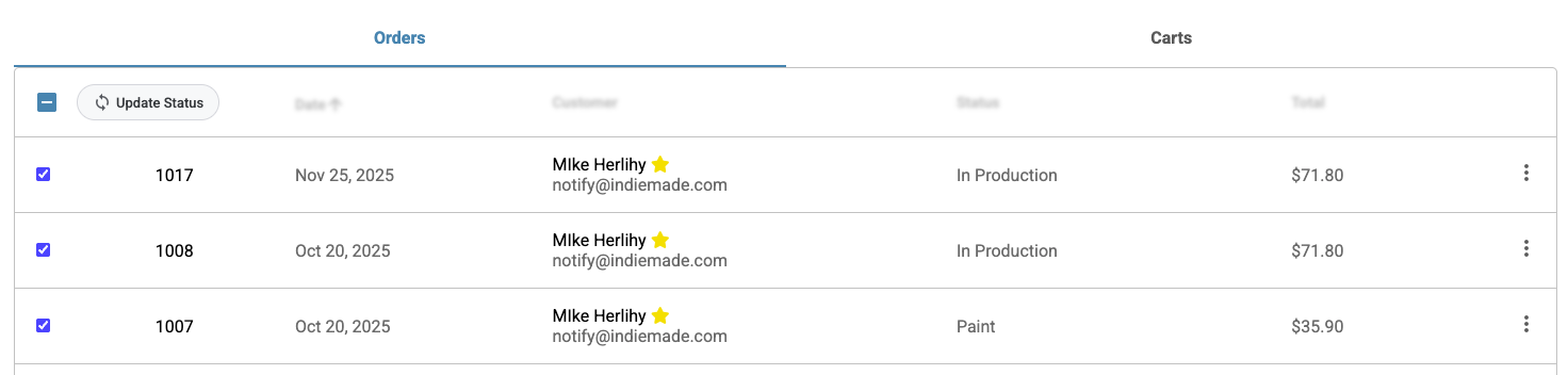 Orders list with checkboxes selected and Update Status button