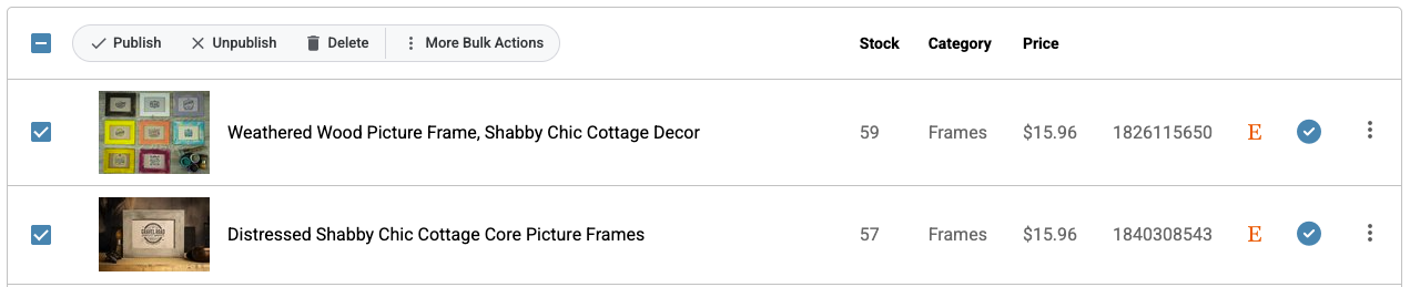 Product list with bulk action toolbar showing Publish, Unpublish, Delete, and More Bulk Actions buttons