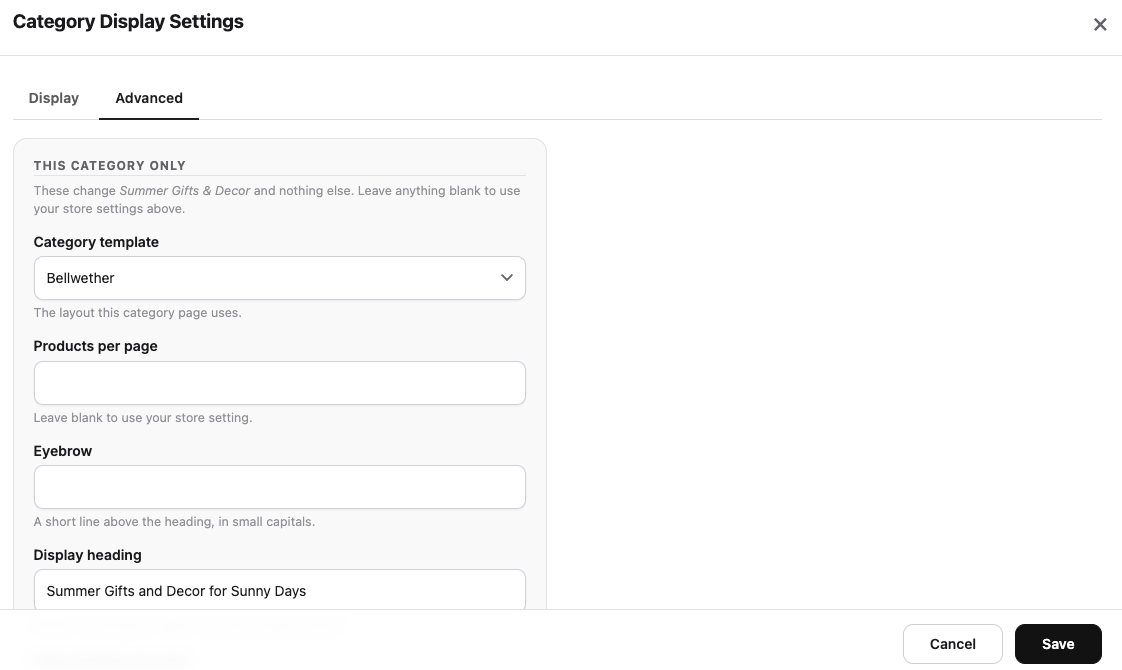 Advanced settings for one IndieMade category page