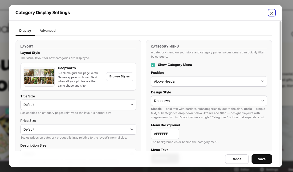 Category Display Settings panel on an IndieMade category page