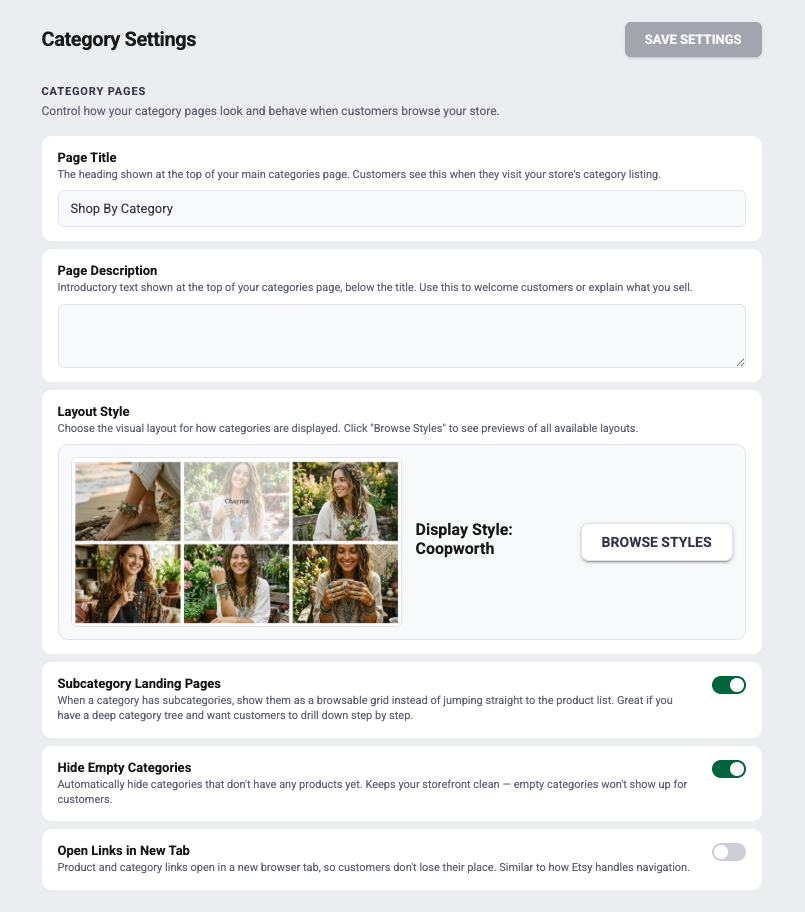 IndieMade Category Settings showing page title, description, layout style, and category-page options