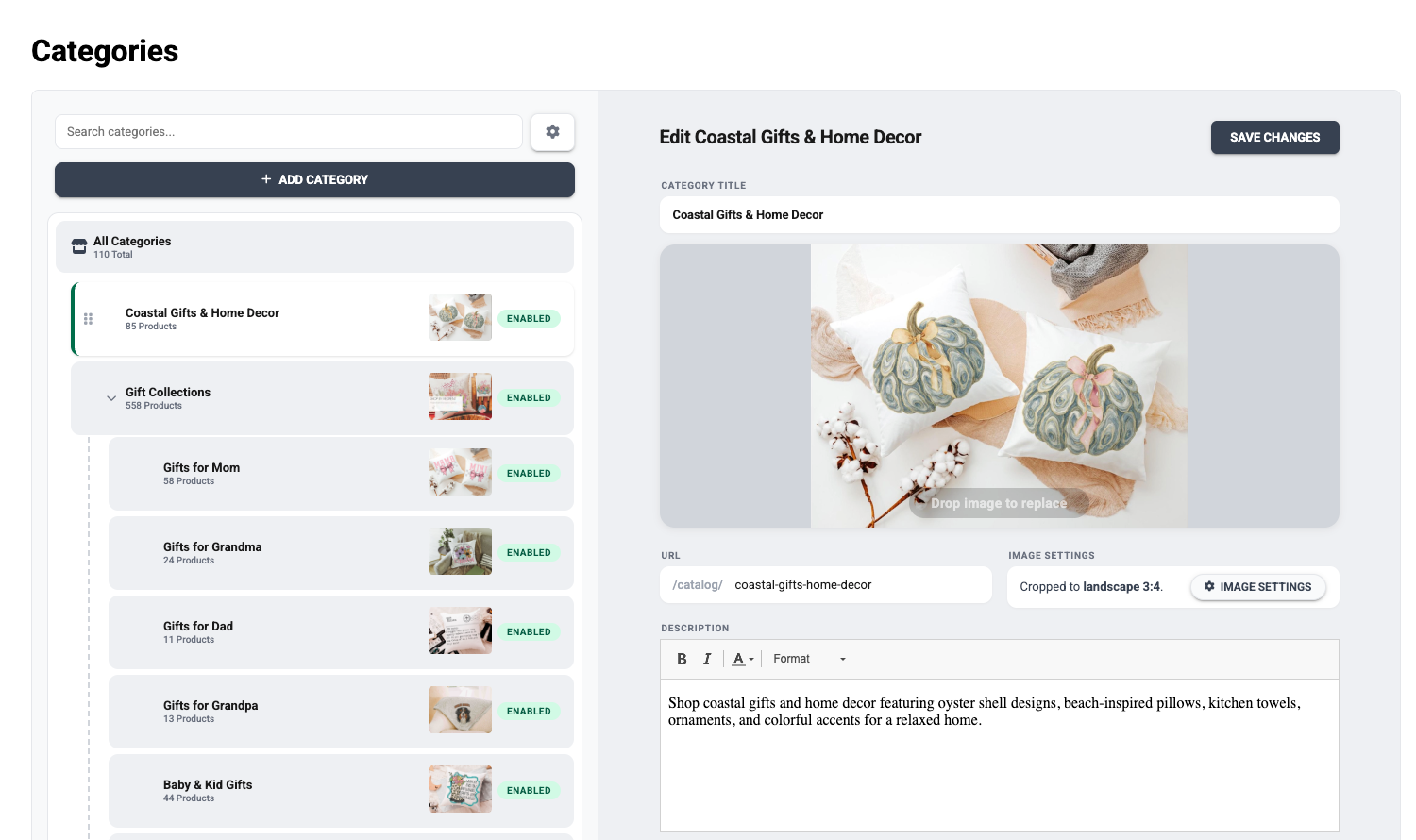 IndieMade Category Manager with the category tree on the left and an open category editor on the right