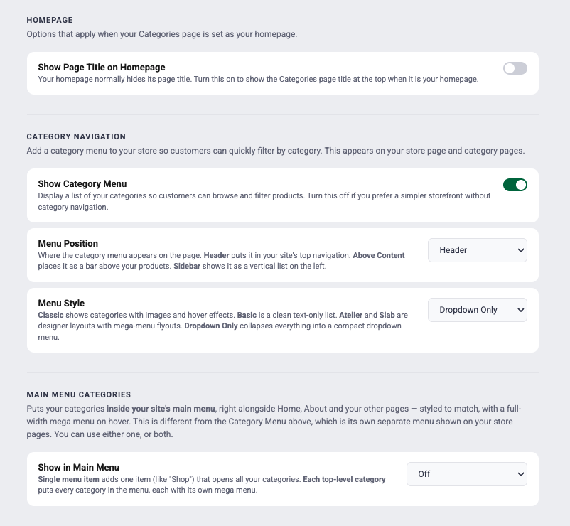 IndieMade Category Settings showing Category Navigation and Main Menu Categories
