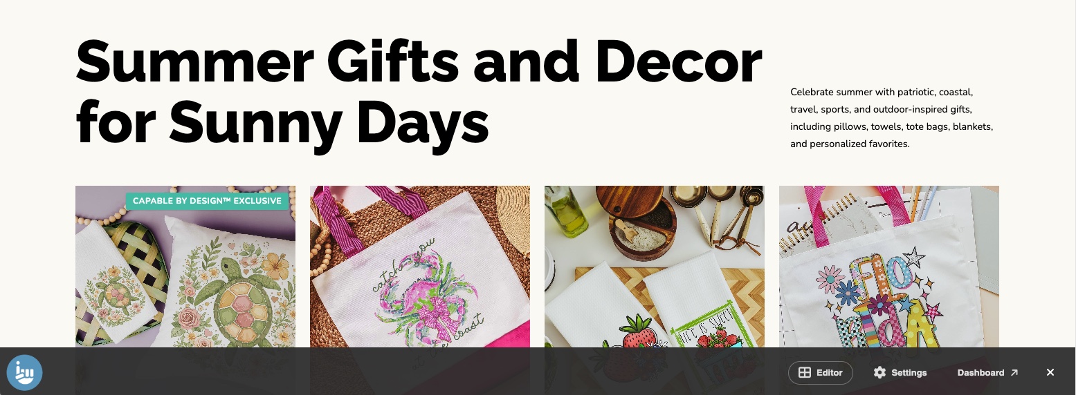 IndieMade storefront category page with the signed-in editing toolbar at the bottom
