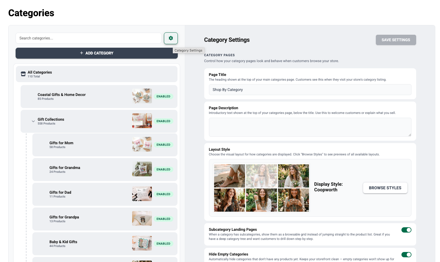 Category Settings open beside the category tree in the IndieMade Dashboard