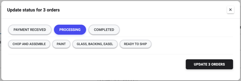 Status selection dialog showing both standard statuses and custom workflow stages