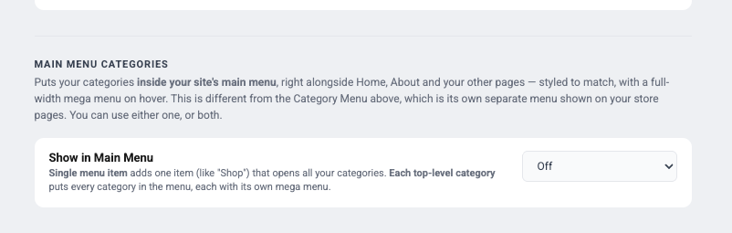 Main Menu Categories setting in the IndieMade category settings panel