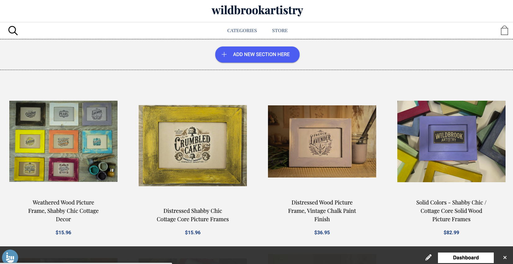 A page in Edit Mode showing the Add New Section Here button and editable product sections