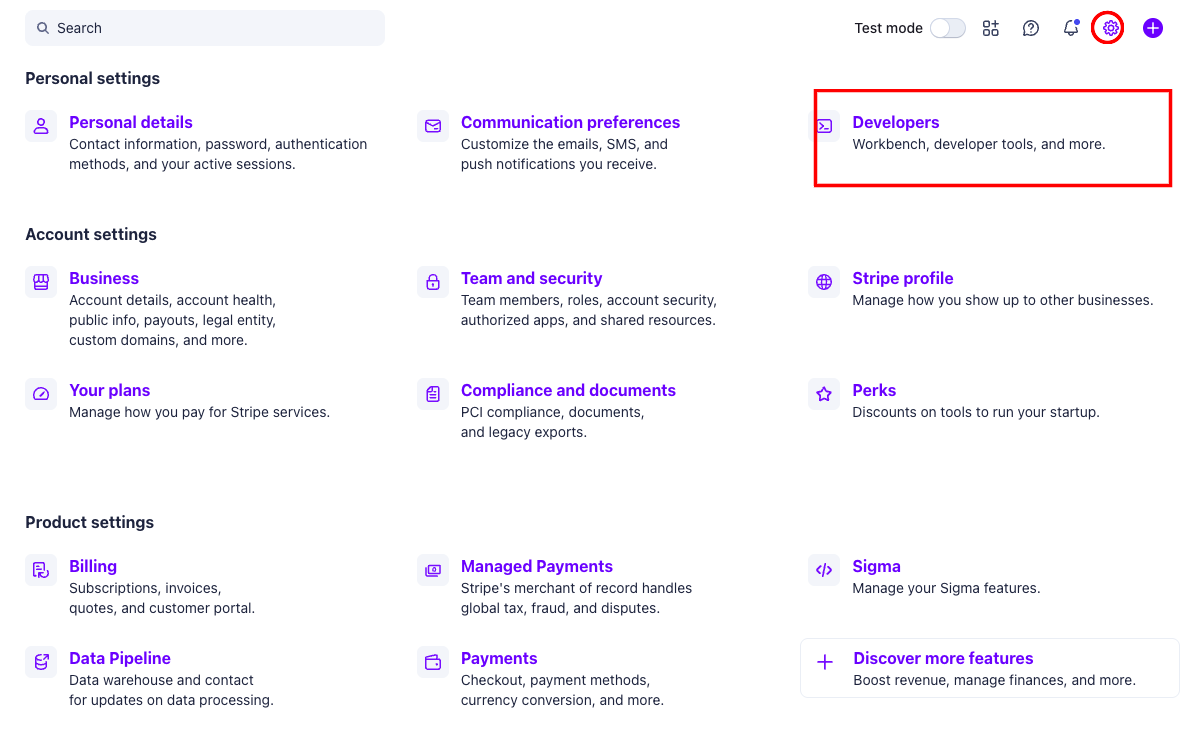 Stripe Settings page - click Developers