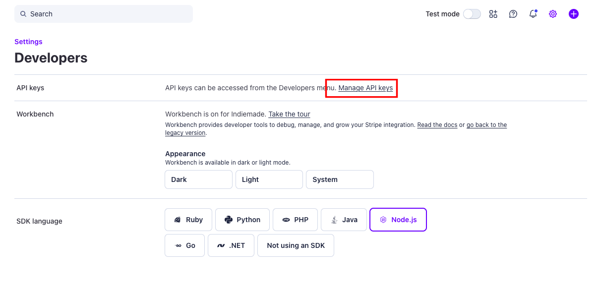 Stripe Developers page - click Manage API keys