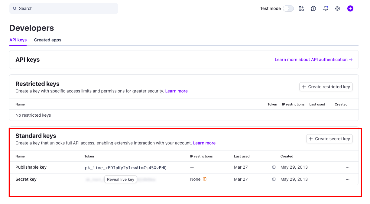 Stripe API keys page - Standard keys section