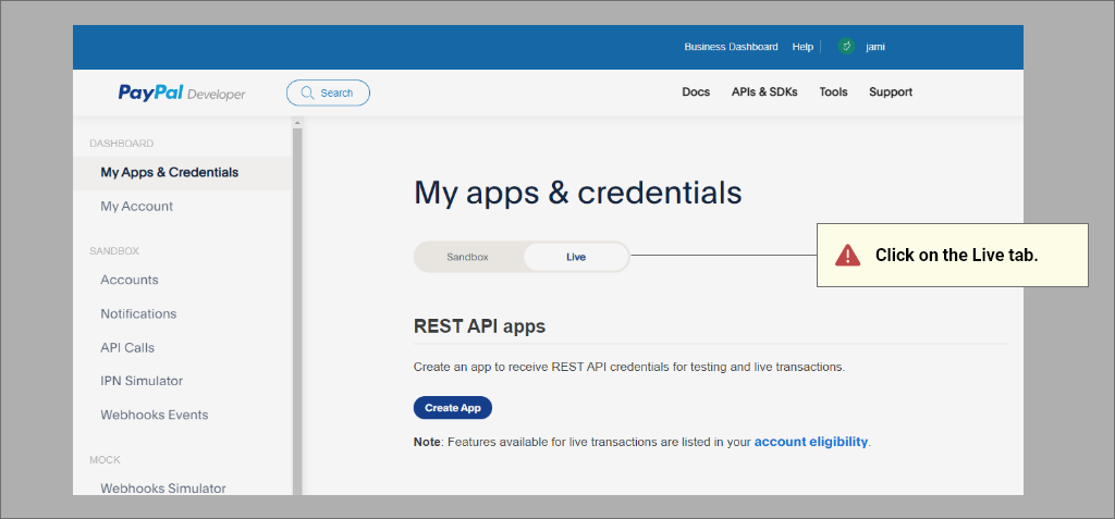 PayPal Developer Dashboard