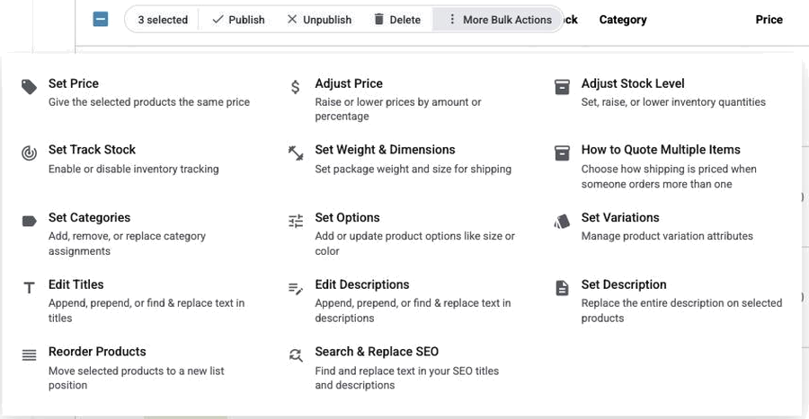 The More Bulk Actions menu on the Products dashboard, showing How to Quote Multiple Items