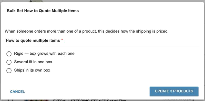 The Bulk Set How to Quote Multiple Items dialog with the three packing options