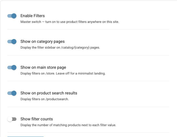 The Filters Settings tab, showing the Enable Filters master switch and the location toggles