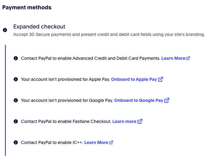 PayPal Features panel showing card payments not yet enabled