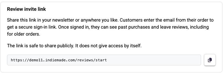 The Review invite link section with the shareable URL and a copy button