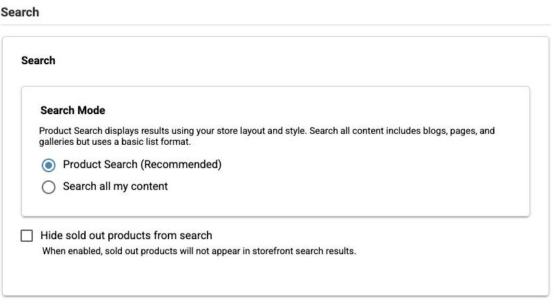 The Search section of Store Settings, showing Search Mode and Hide sold out products from search