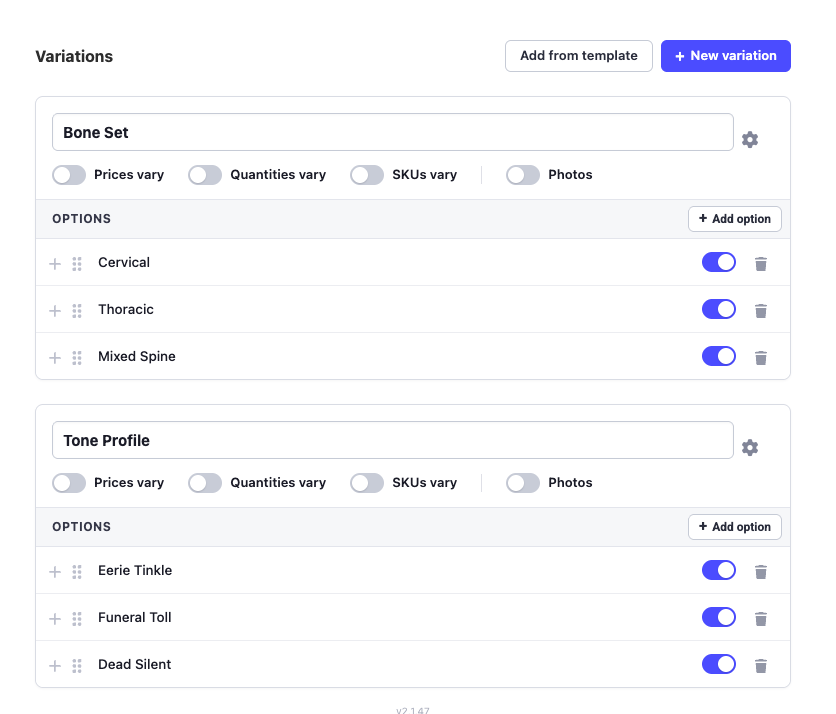 The upgraded Variations editor on the product page with per-variation vary toggles