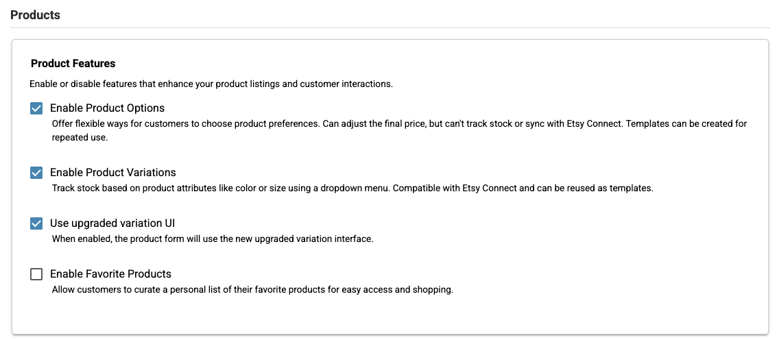 Product Features in Store Settings with Use upgraded variation UI enabled
