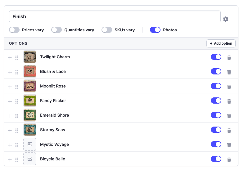 A variation with the Photos toggle on and a photo attached to each option
