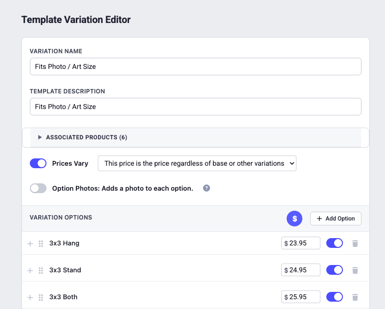 The Template Variation Editor with Prices Vary, Option Photos, and per-option prices
